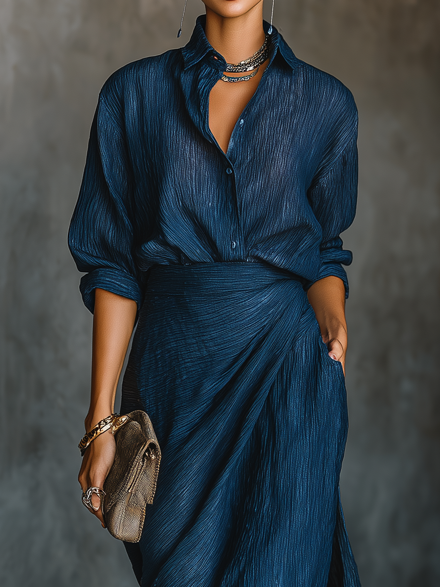 Ensemble jupe longue et blouse élégante en bleu marine en coton et lin