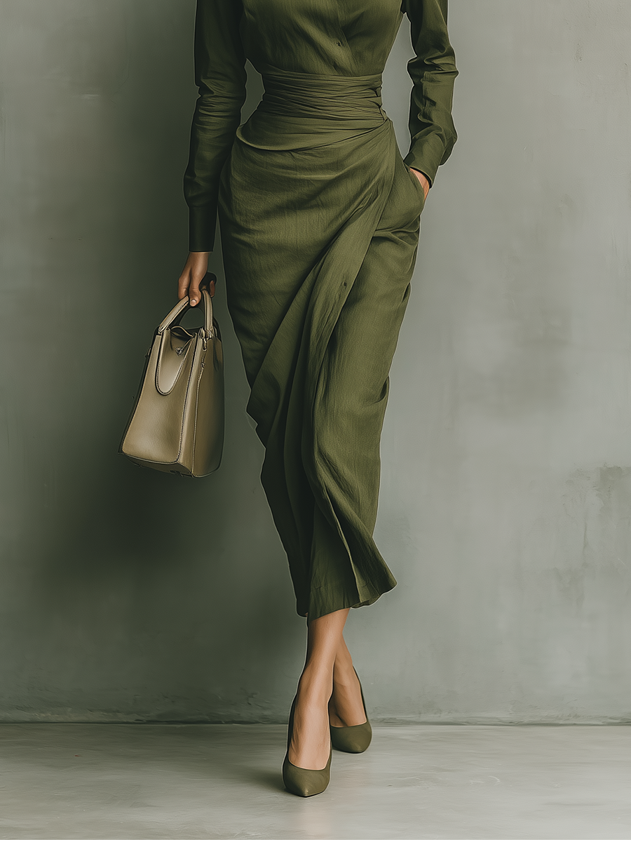 Robe maxi femme en vert militaire en mélange de coton MDA2281I8T