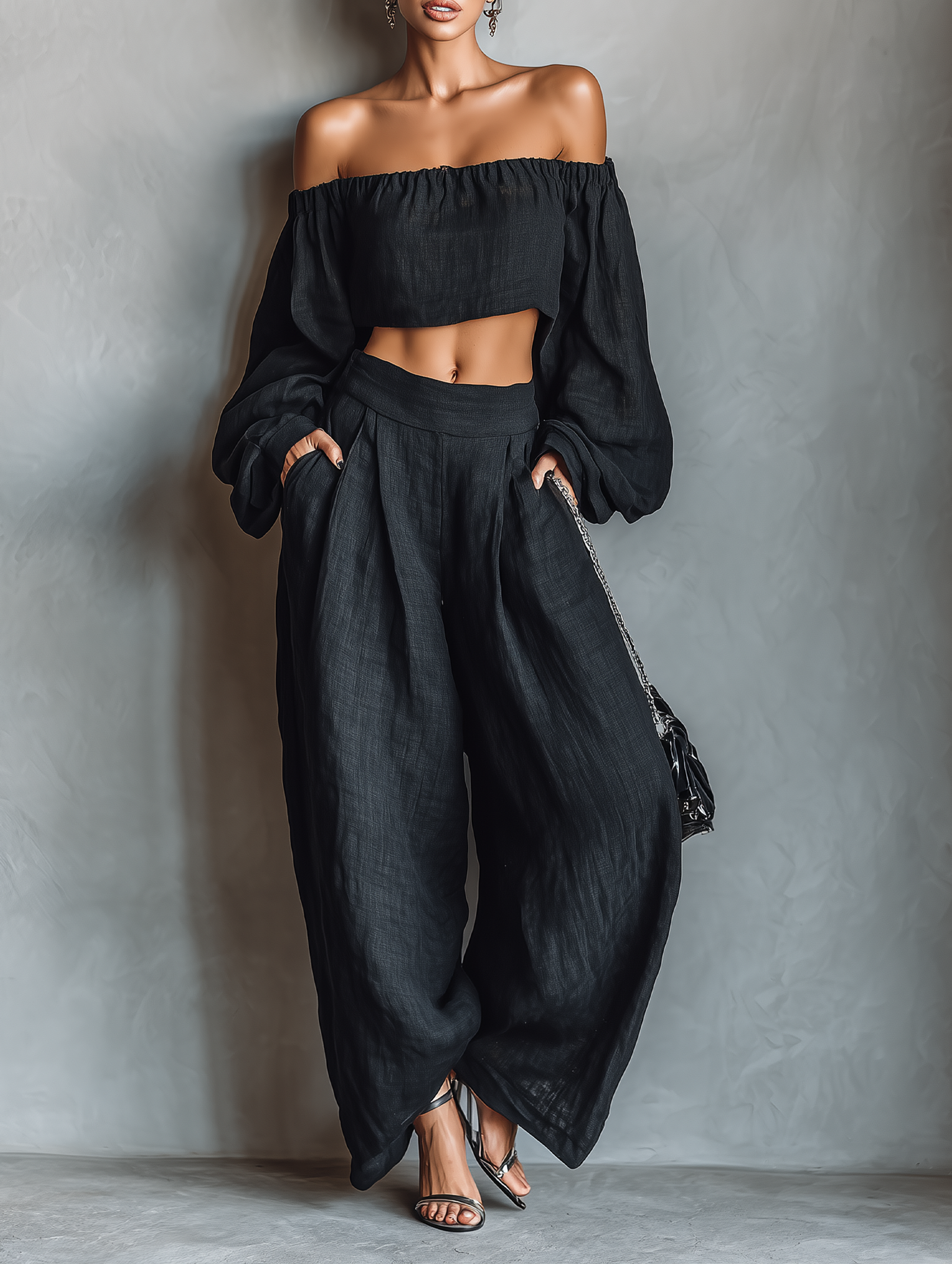Body pour femmes en lin minimaliste sans manches avec pantalons larges MDA1900L7Y