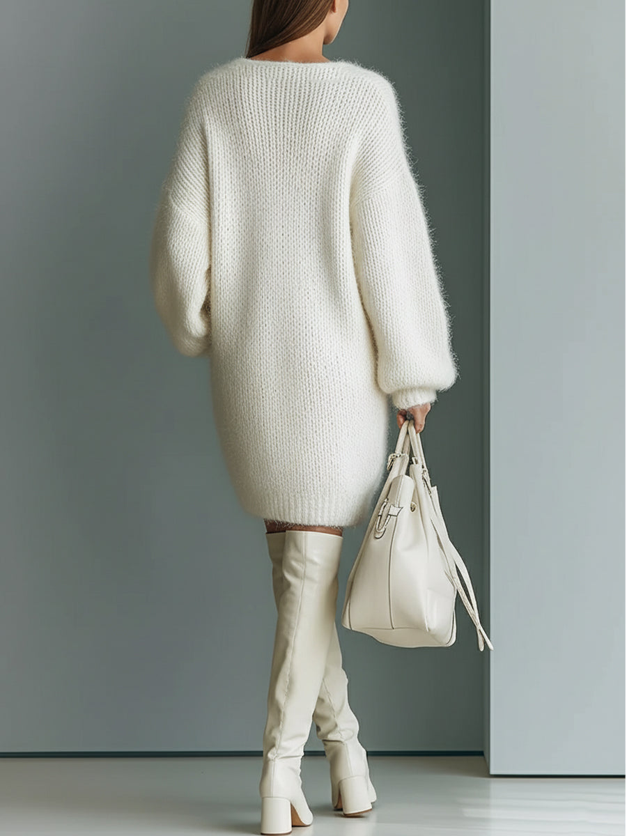 Robe en tricot mini femme blanche élégante avec col en V MDA1331J0I