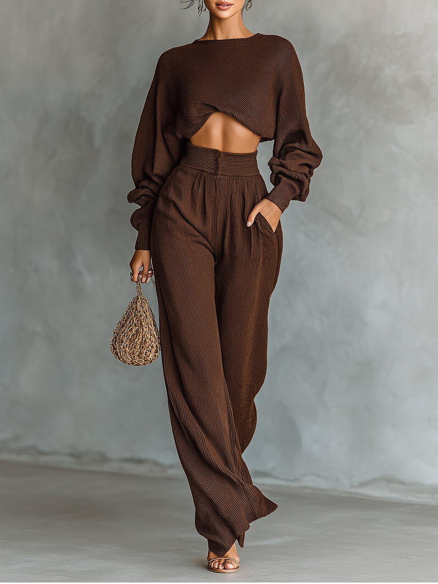 Ensemble tricoté pour femmes en couleur café : top court et pantalon large MDA3000G6T