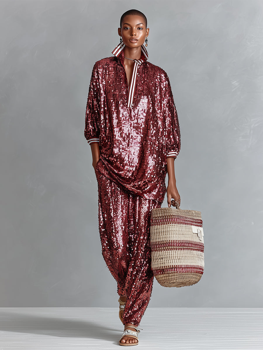 Ensemble lounge femme bordeaux brillant avec paillettes et bretelles - coupe large MDA3059I3I