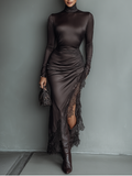 Robe maxi avec jupe asymétrique, modèle brillant, marron foncé pour femmes MDA0501H1T