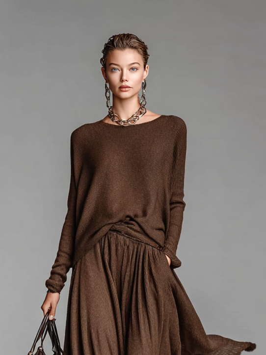 Ensemble jupe et pull à col rond pour femmes MDA0737H3Y