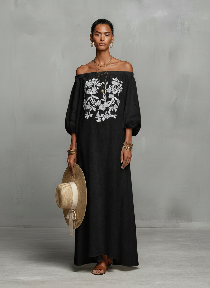 Robe maxi brodée pour femmes au look minimaliste avec des manches trois-quarts et sans bretelles MDZ3063A3Y
