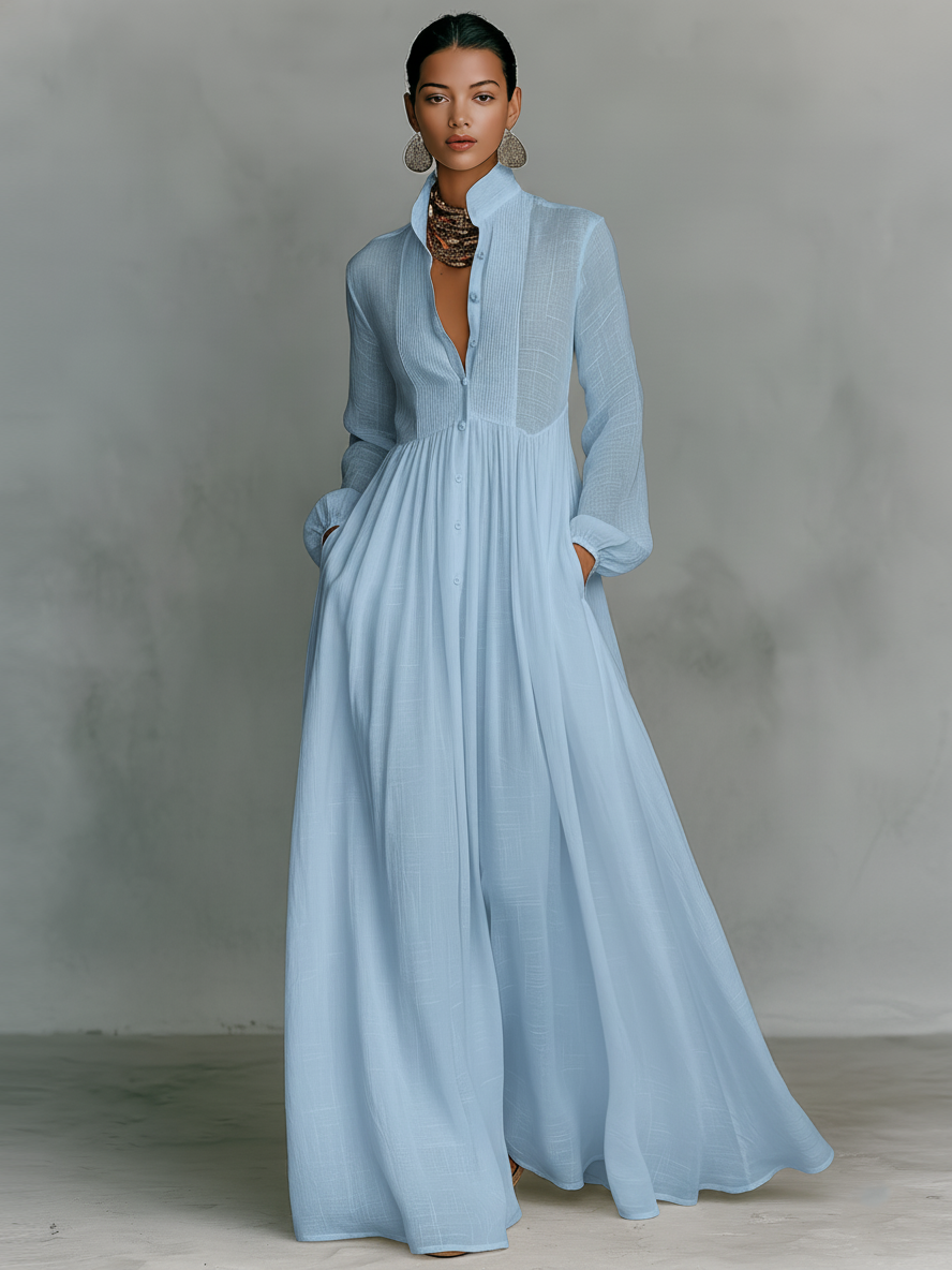 Robe maxi pour femmes au style minimaliste en mélange de coton et de lin avec des pièces de puzzle, avec un col montant et des manches longues