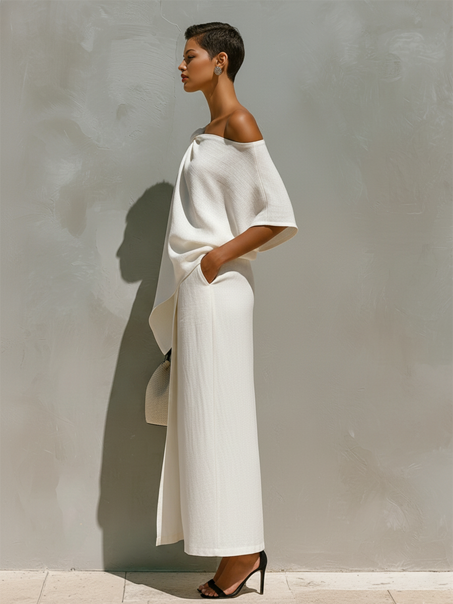 Ensemble en lin blanc pour femmes avec détail d'épaule unique et fentes avant, ensemble minimaliste de vacances classique MDZ2796C6I