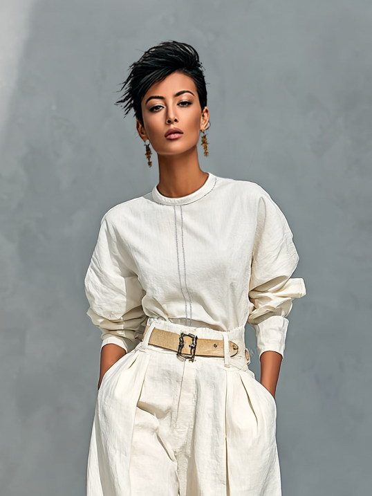 Ensemble de chemise à manches longues avec col rond et pantalon large en mélange de coton et lin pour femmes (ceinture non incluse) MDA2555G6Y
