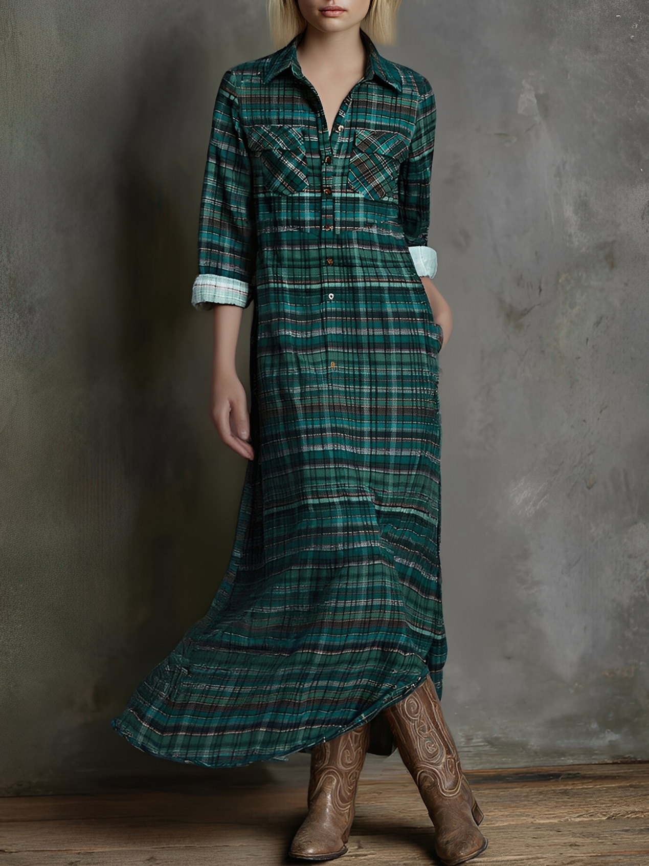 Robe maxi à imprimé à carreaux pour femmes avec manches longues MDA0514L8Y