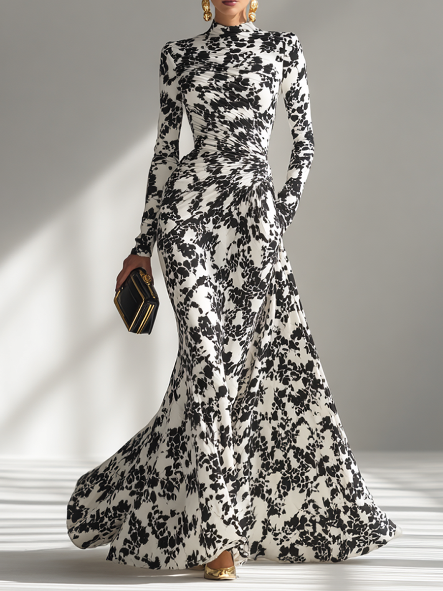 Robe maxi pour femmes avec col haut à fleurs, noir et blanc MDA1295K1AP
