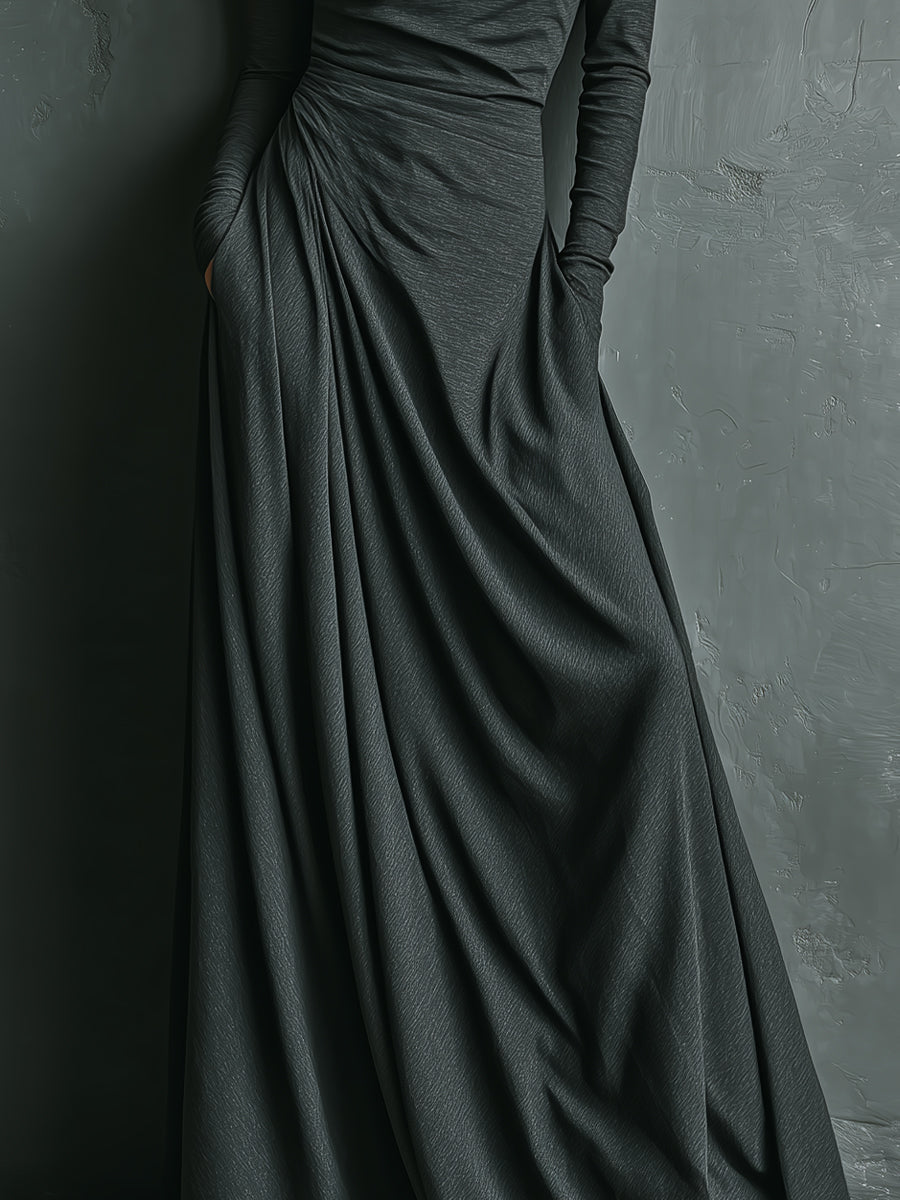 Robe maxi femme couleur anthracite avec col haut en tissu polyester-coton élégant MDA1727J1I