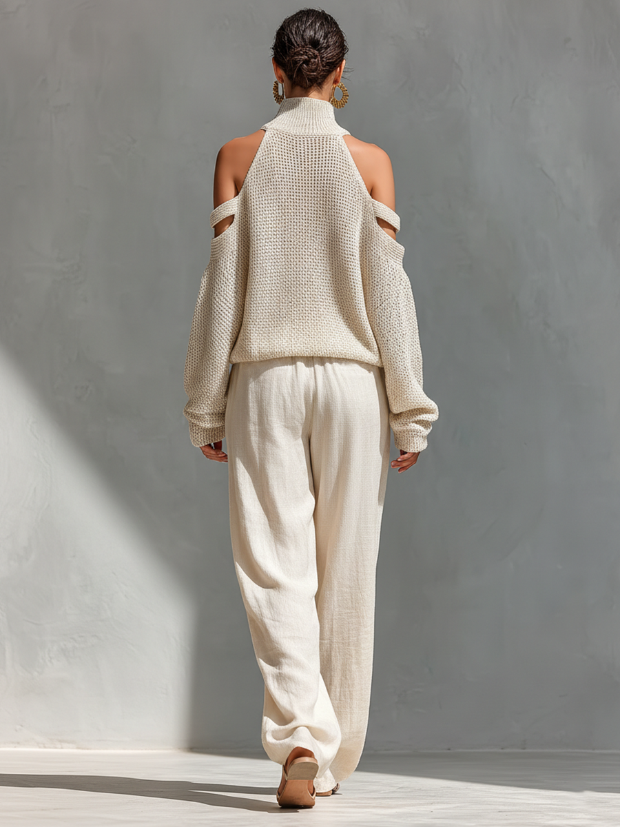 Ensemble top à col montant et épaules dénudées en tissu tricoté beige avec un pantalon large MDZ0984A5T