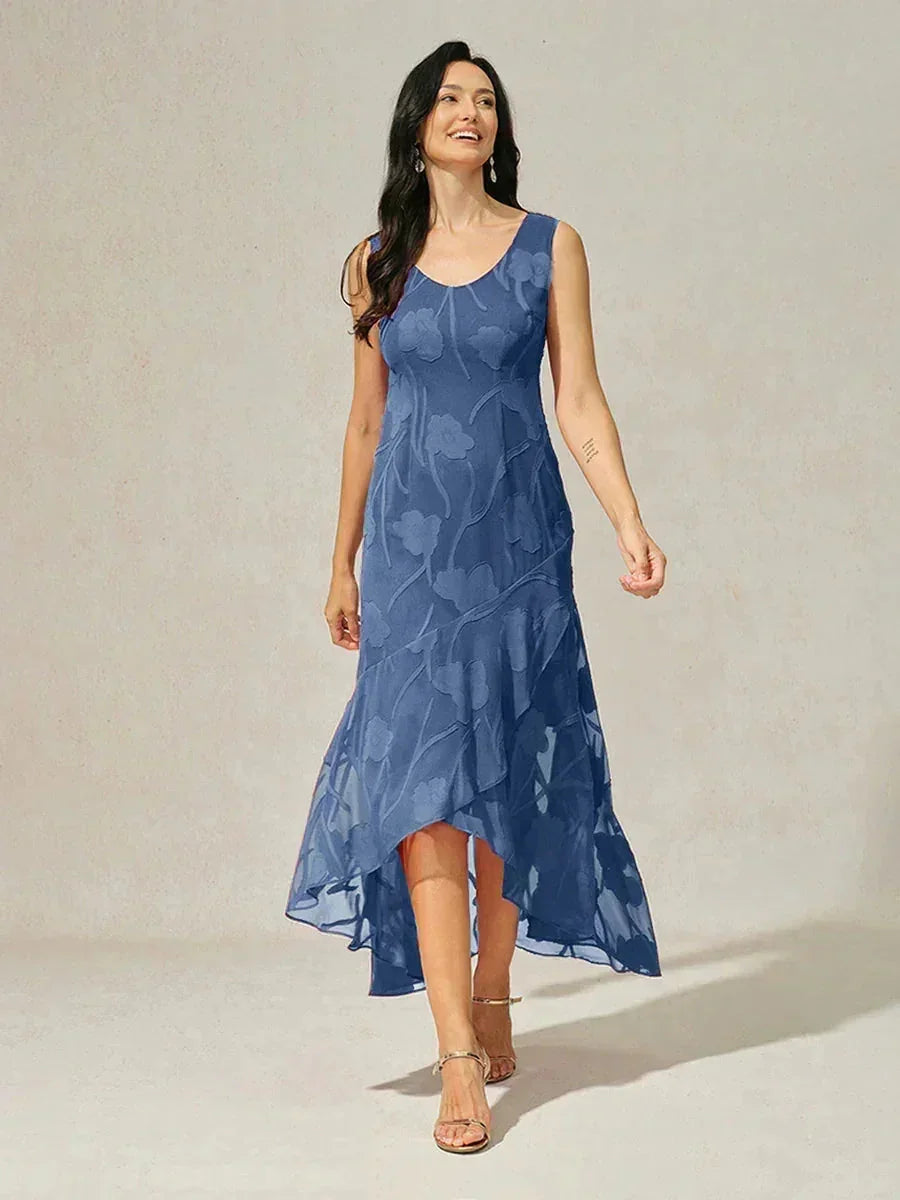 Robes de soirée sans manches en soie florale avec des ourlets asymétriques