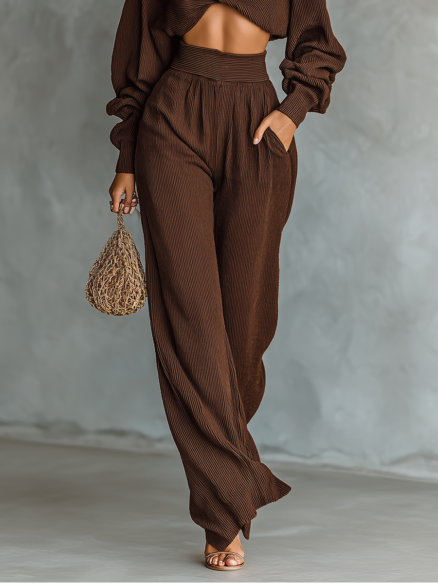 Ensemble tricoté pour femmes en couleur café : top court et pantalon large MDA3000G6T