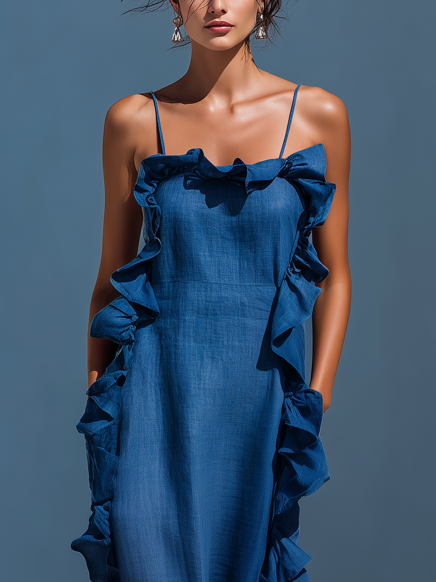 Robe maxi pour femmes en mélange de lin de couleur bleue avec des bretelles spaghetti et des bords festonnés MDZ2407D1T