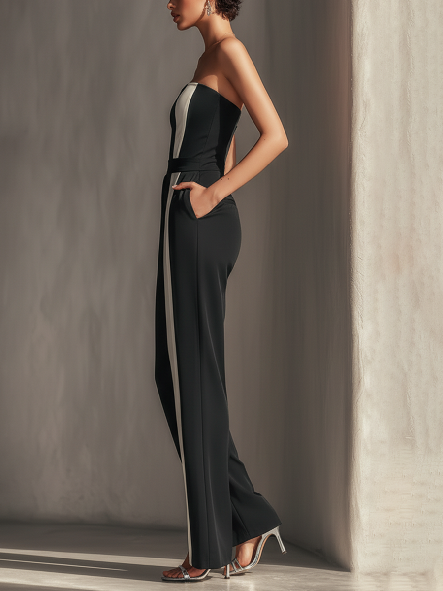 jumpsuit sans bretelles pour femmes en noir avec des rayures verticales blanches contrastées et des poches latérales MDZ0336C7T