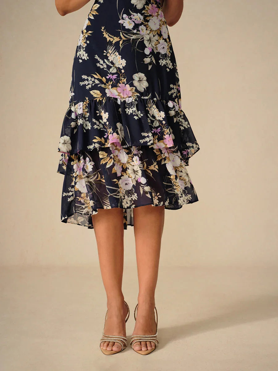 Robe midi en chiffon à fleurs avec décolleté en V et zips