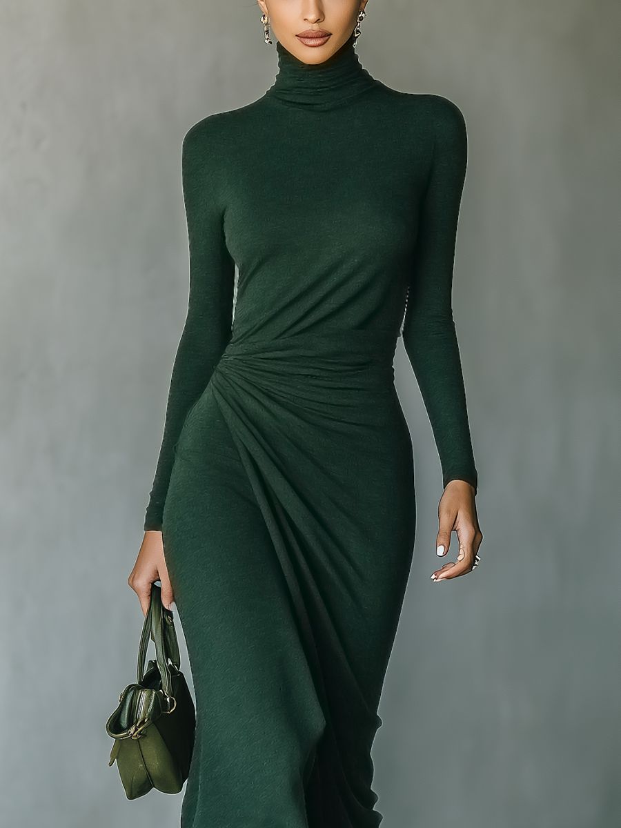 Robe midi femme vert foncé avec haute élasticité en forme de pull à col montant MDA2023J2T