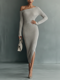 Robes tricotées grises pour femmes avec une épaule MDA0233I9T