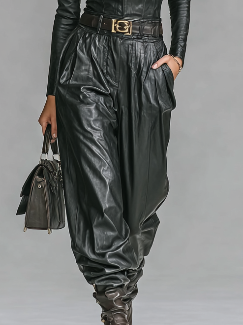 Ensemble chemise et pantalon en cuir PU pour femmes avec fermeture éclair et col montant (sans ceinture) MDA2743H0Y