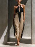 Robe midi femme noire et beige avec col halter, découpe en clé et application de couleurs MDZ1027C7T