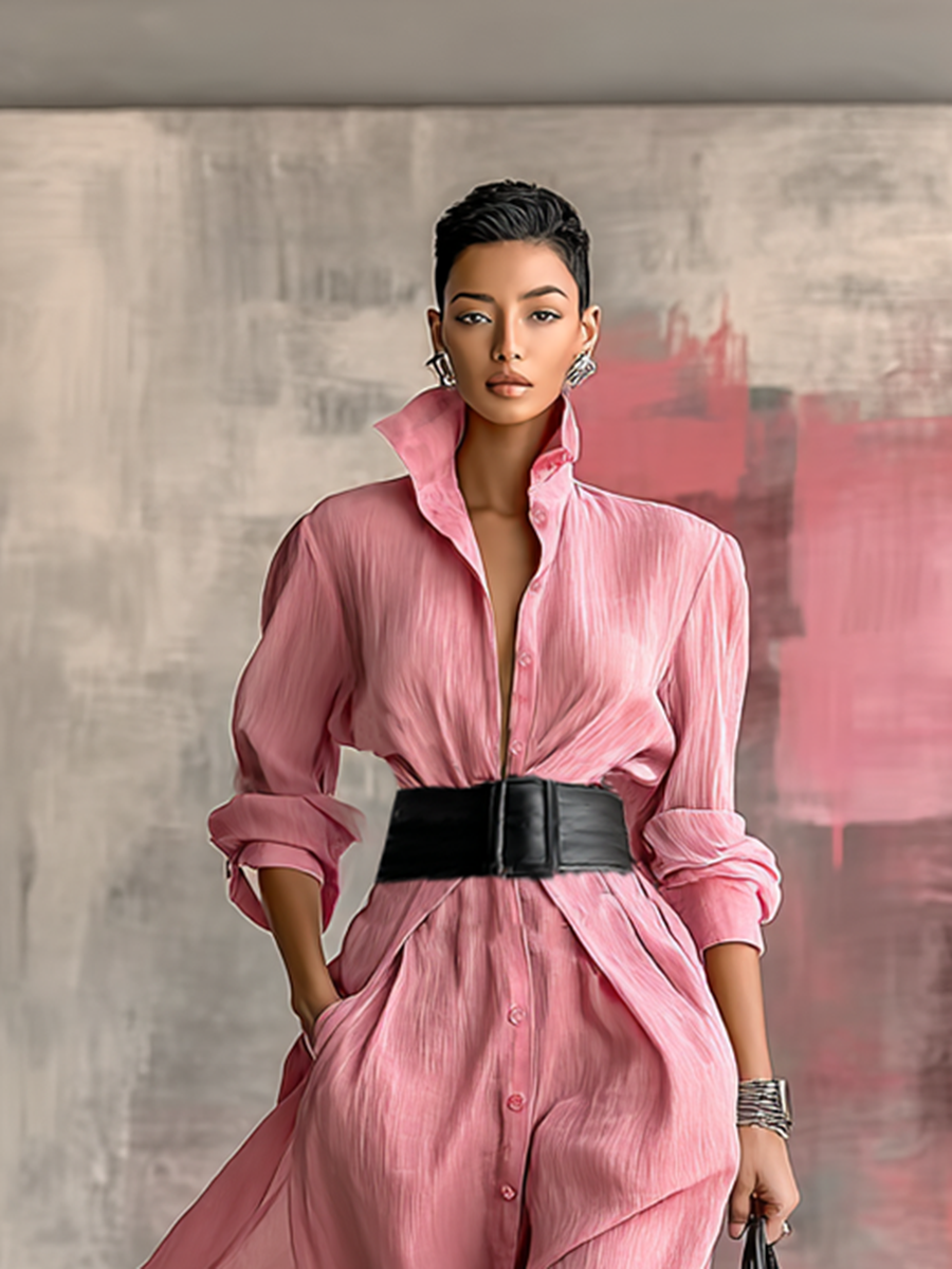 Robe maxi à col et manches longues pour femmes en couleur unie MDA0917G0Y