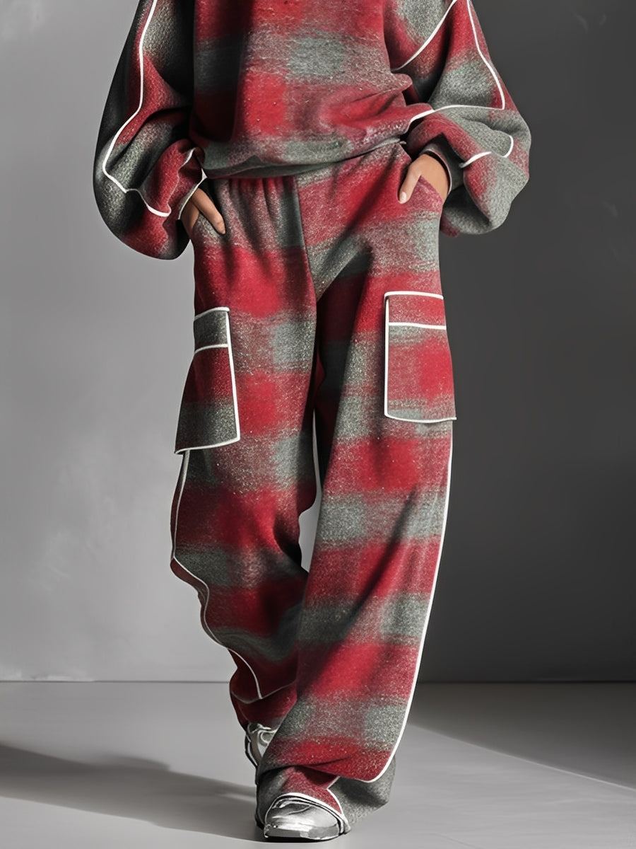 Ensemble de pantalons avec passepoil coloré style urbain pour femmes, en rouge et gris avec du lin MDA1065K4I