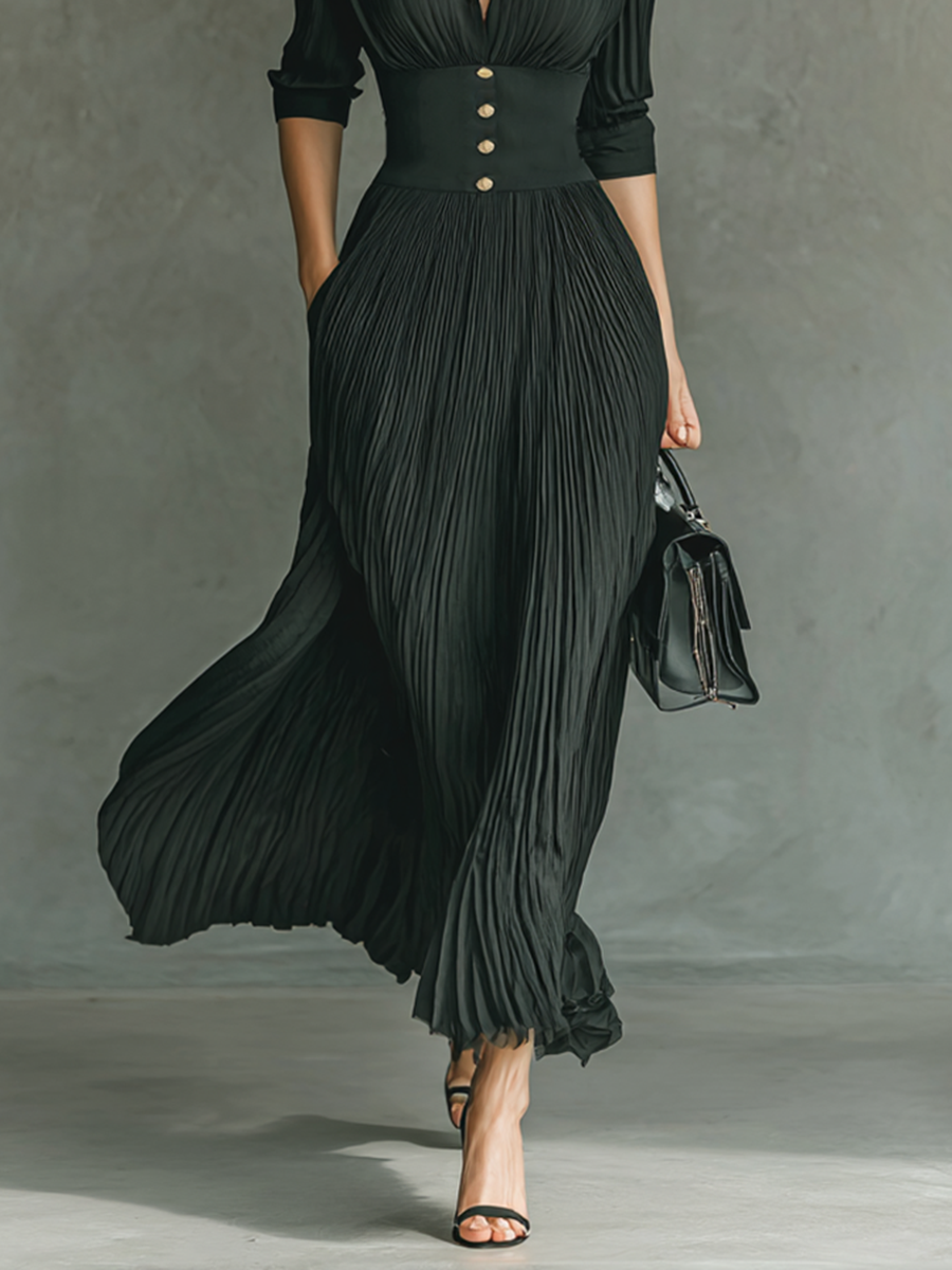 Robes maxi pour femmes avec couleur unie, plis, col, manches longues