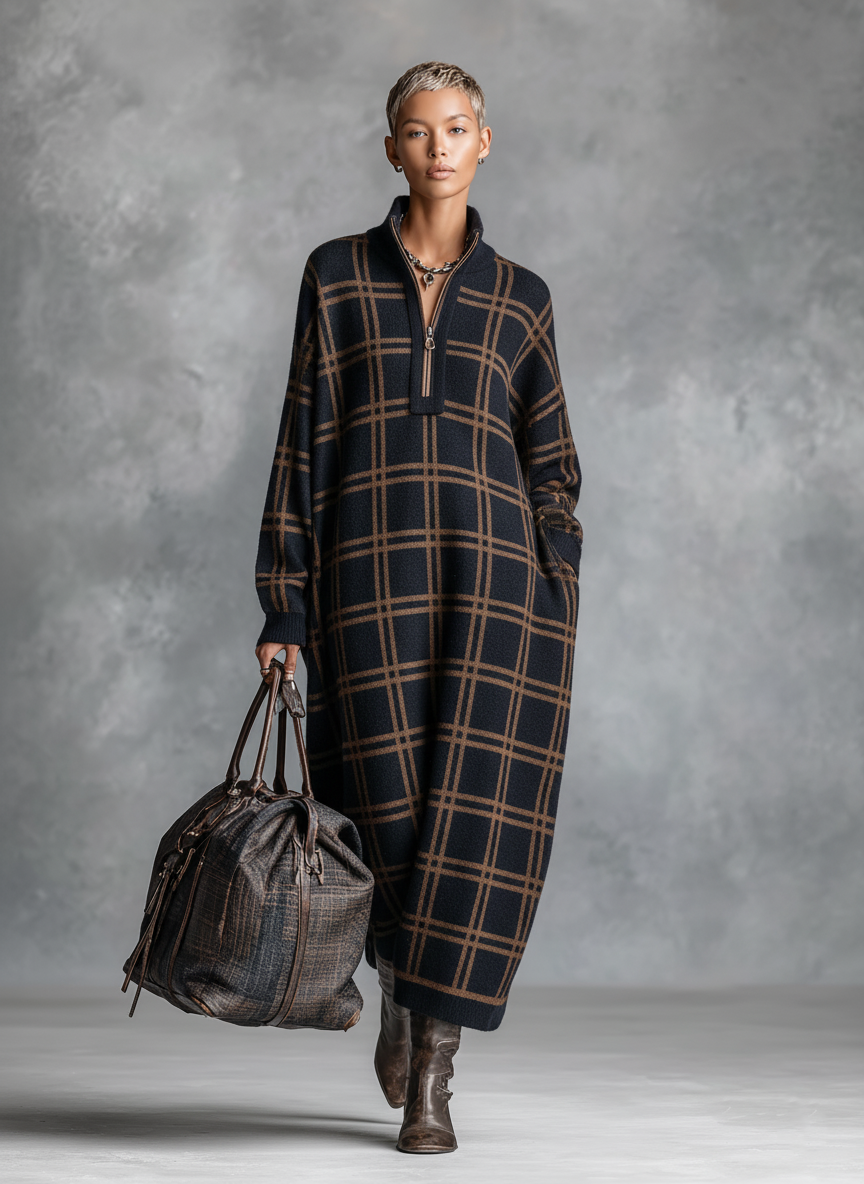 Robe maxi tricotée avec col zippé en noir et blanc pour femmes MDA1505J9Y