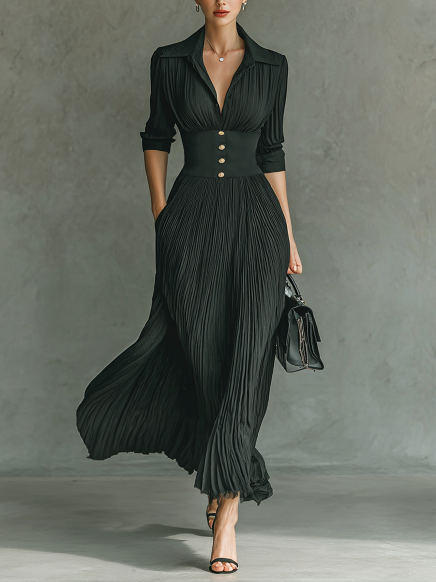 Robes maxi pour femmes avec couleur unie, plis, col, manches longues