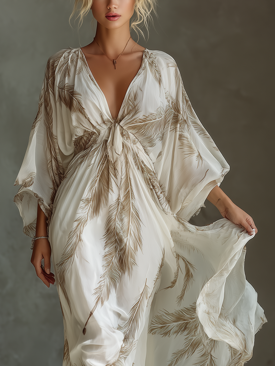 Robe maxi femme en ivoire et top avec manches dolman, devant enroulé et motif de feuilles de palmier MDZ0332B6T