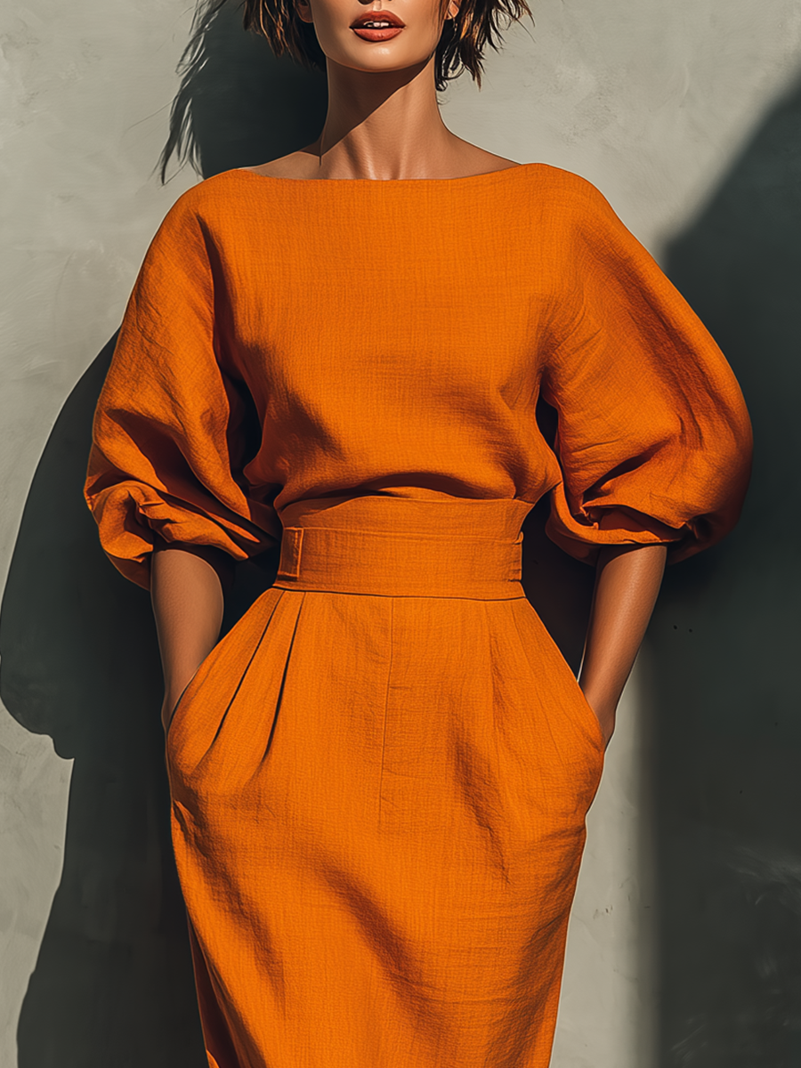 Ensemble top à manches mi-longues et jupe midi pour femmes en couleur orange