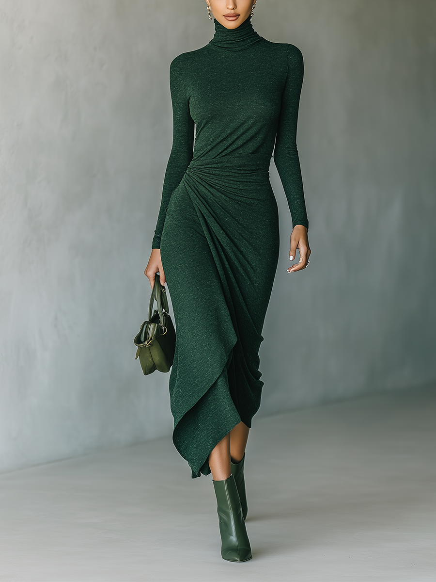 Robe midi femme vert foncé avec haute élasticité en forme de pull à col montant MDA2023J2T