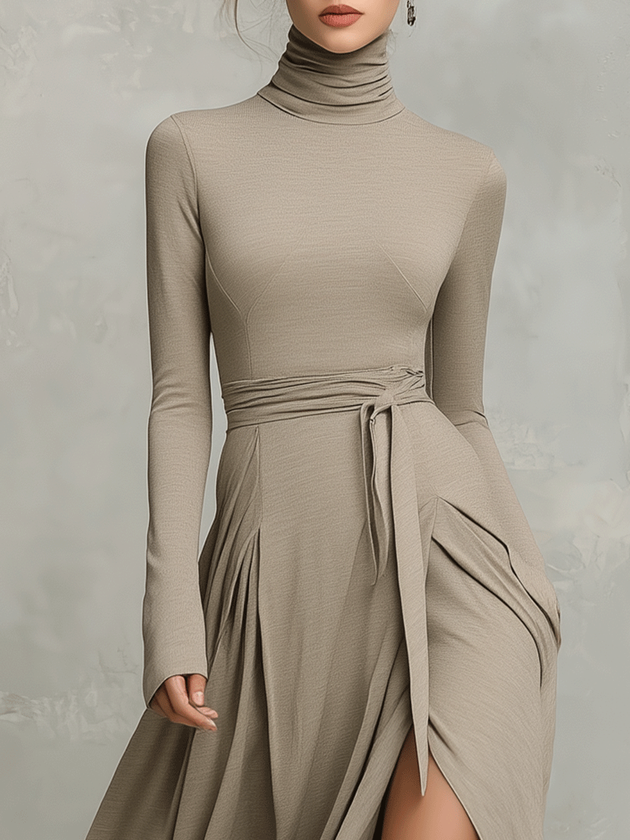 Robe midi tricotée mixte pour femmes avec des manches longues et flatteuses MDA2446G6I
