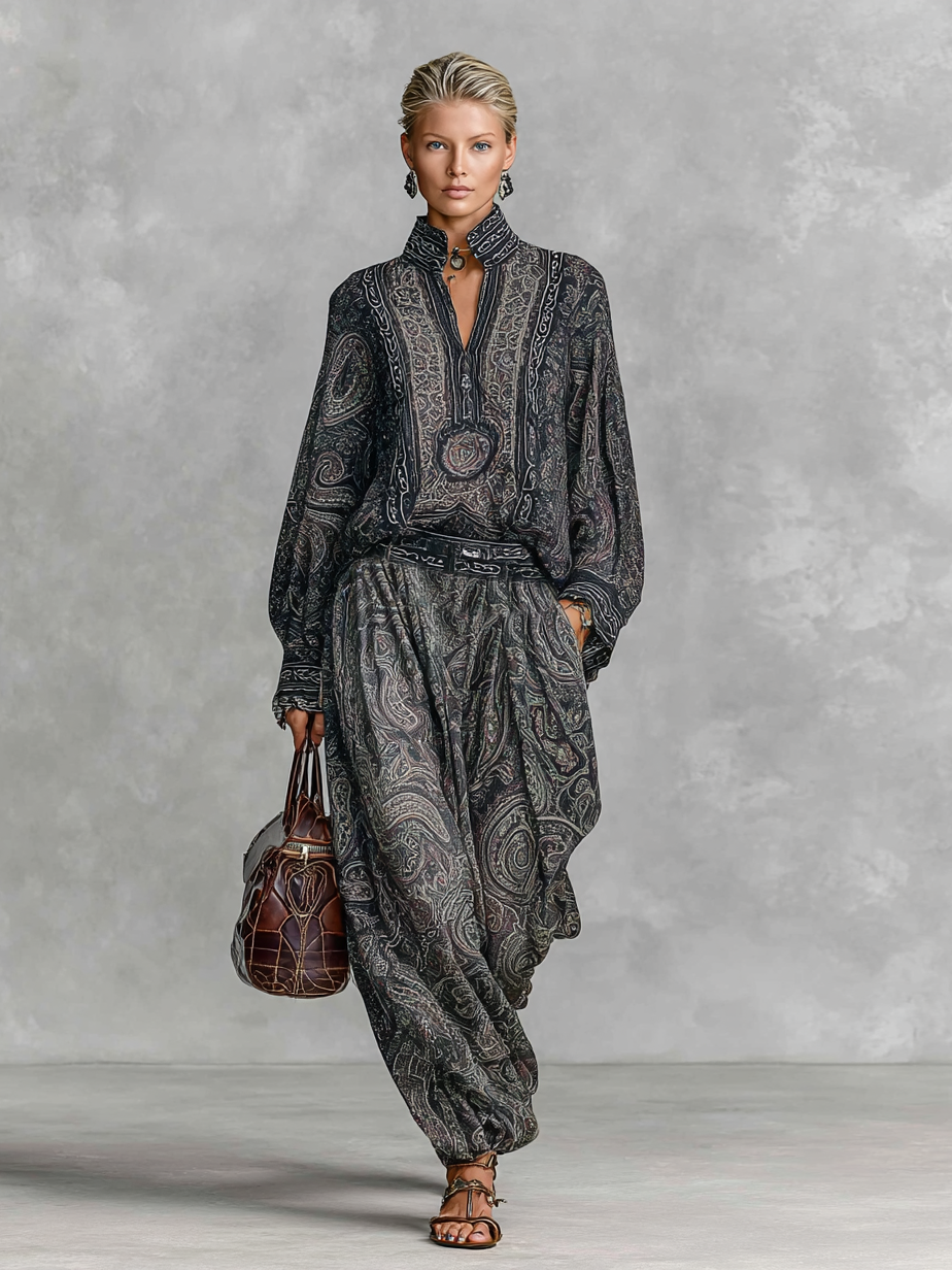 Ensemble chemise et pantalon avec col montant, manches longues et motif paisley vintage pour femmes MDA2558G3Y