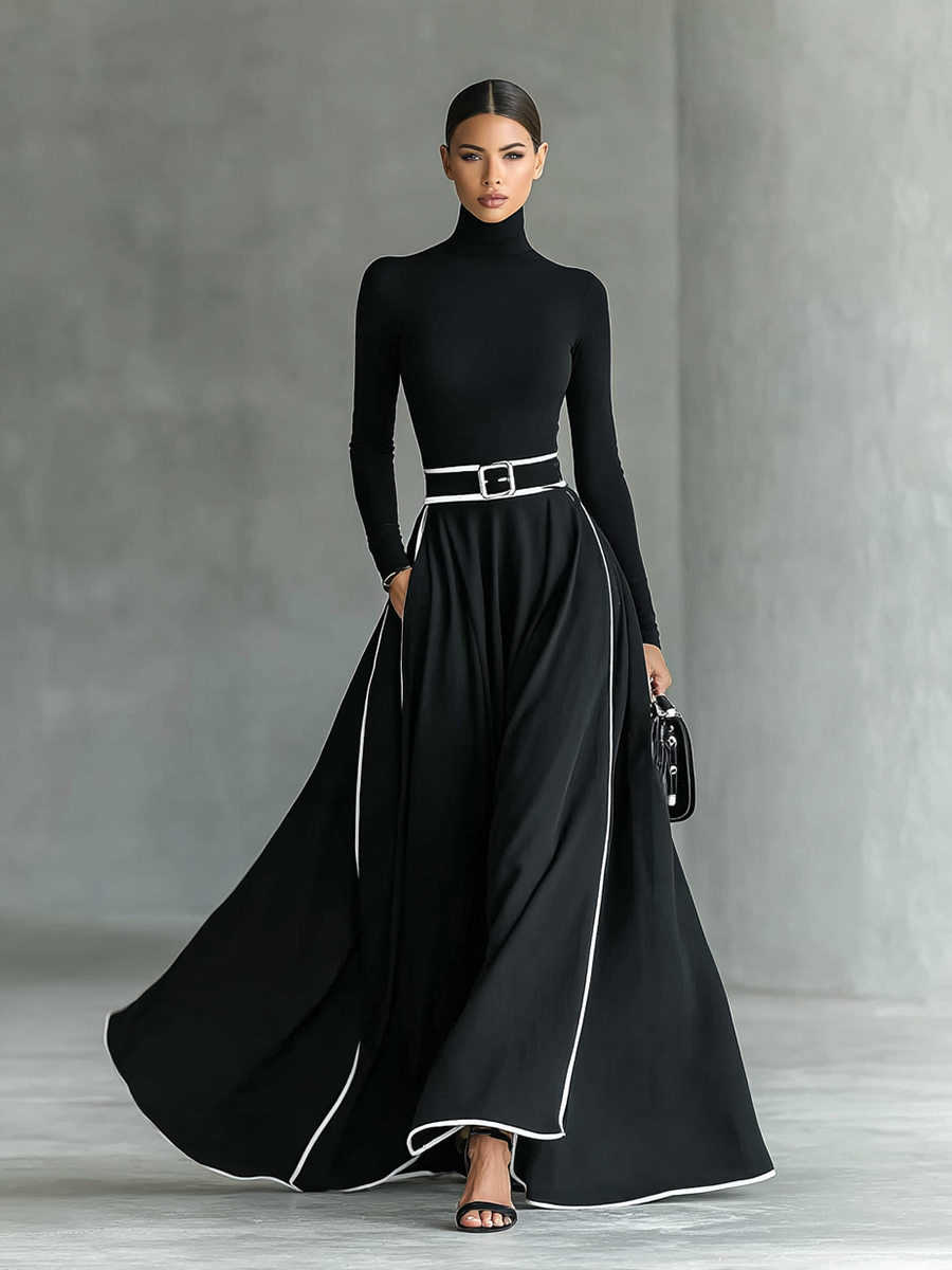 Robe maxi noire avec des coutures blanches, col haut, manches longues et taille cintrée
