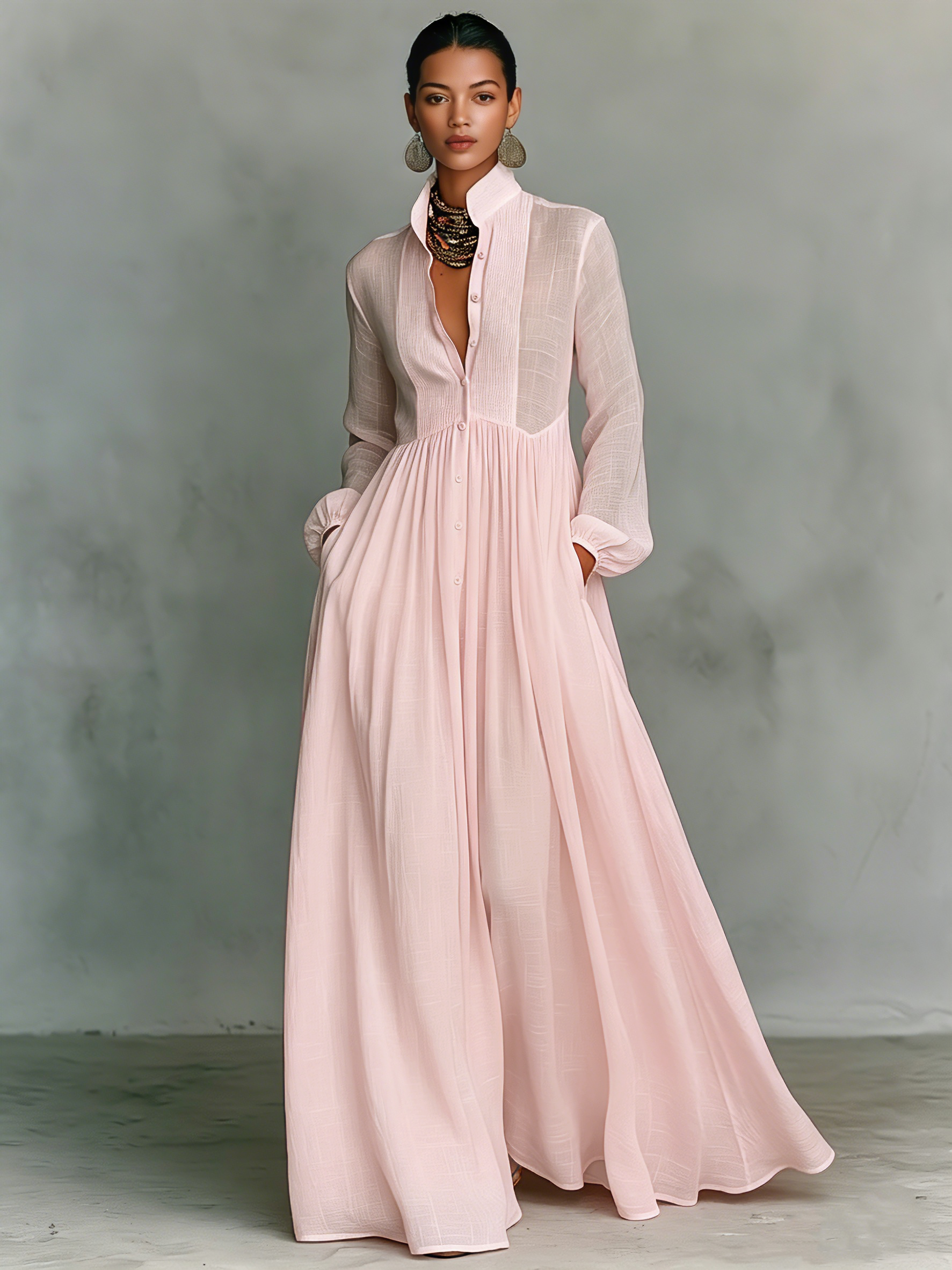 Robe maxi minimaliste pour femmes en tissu coton et blanc avec patchwork, avec un bouton, col montant et manches longues MDA0658K6Y
