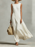 Robe femme en lin respirant couleur ivoire avec détails sans manches et ourlet asymétrique, robe au style moderne décontracté-féminin MDZ0408C2I