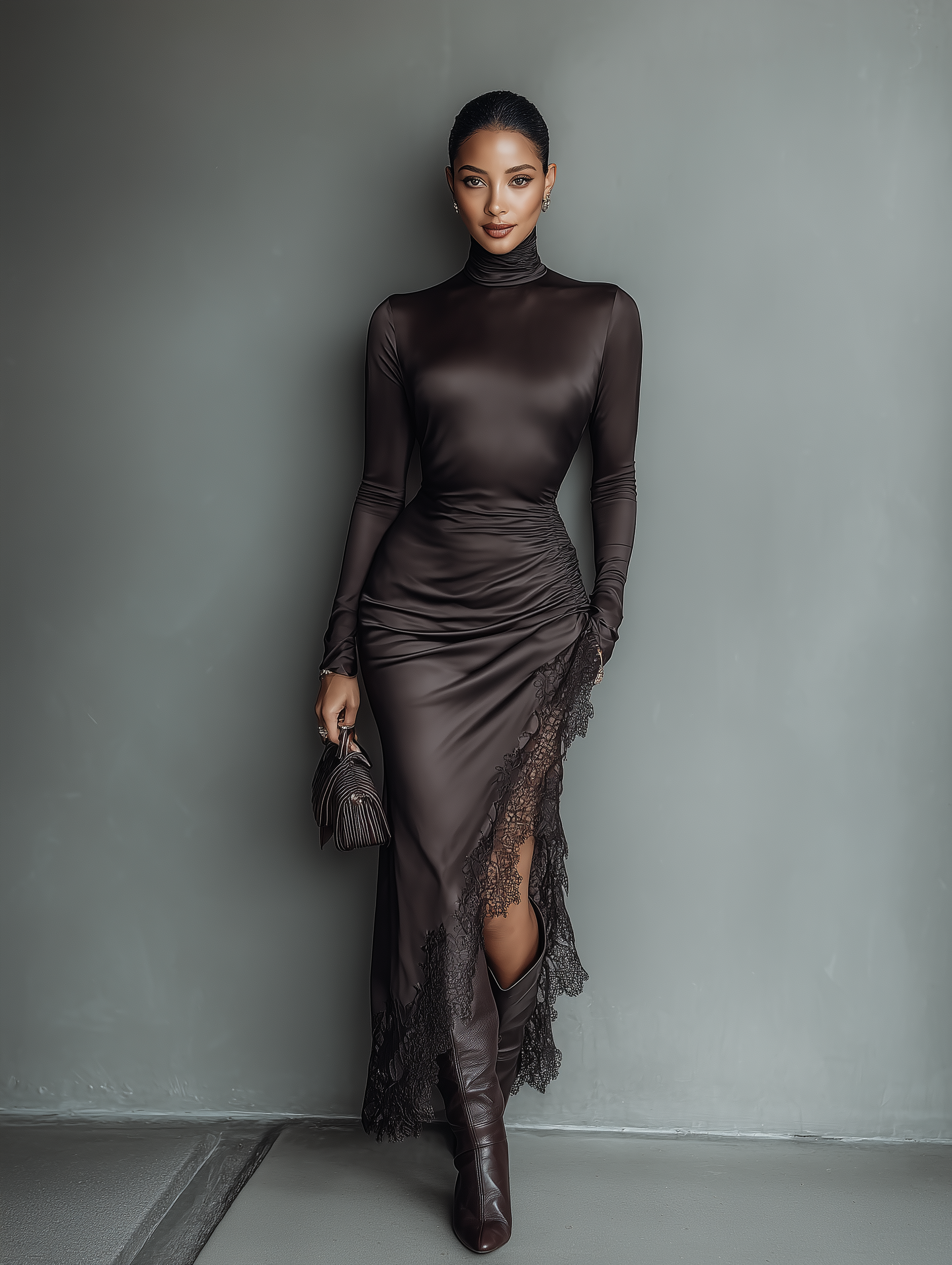 Robe maxi avec jupe asymétrique, modèle brillant, marron foncé pour femmes MDA0501H1T