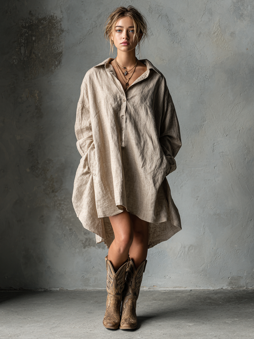 Robe mini en coton et lin loose pour femmes avec boutons et col MDA1854H2Y