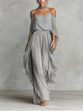 Ensemble en chiffon gris pour femmes avec détails d'épaule dénudée et silhouette évasée, ensemble de style féminin-moderne luxueux MDZ2651B6I