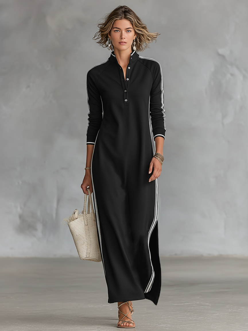 Robe maxi avec col à boutons style pull pour femmes avec bords blancs MDA0958L0Y