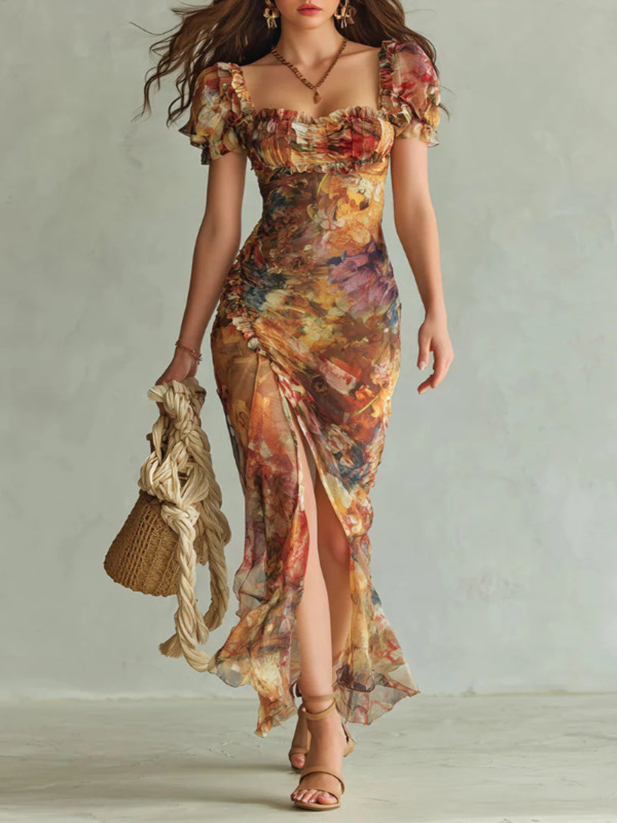Robe maxi élégante avec décolleté carré, manches courtes et motifs floraux