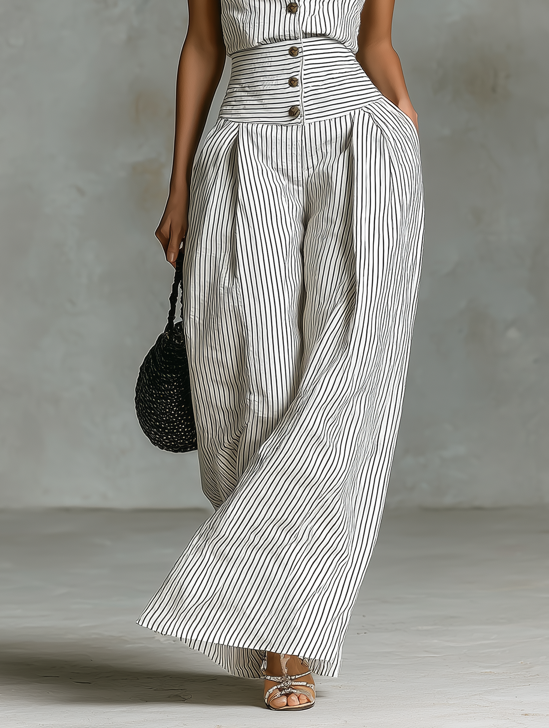 Ensemble minimaliste pour femmes avec rayures en lin sans manches avec une fermeture MDZ1950C7Y