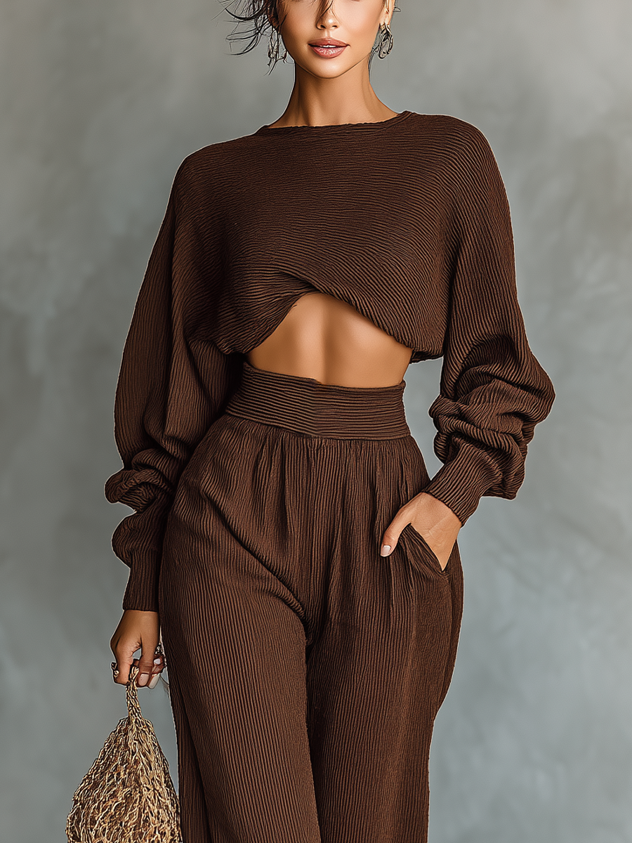 Ensemble tricoté pour femmes en couleur café : top court et pantalon large MDA3000G6T