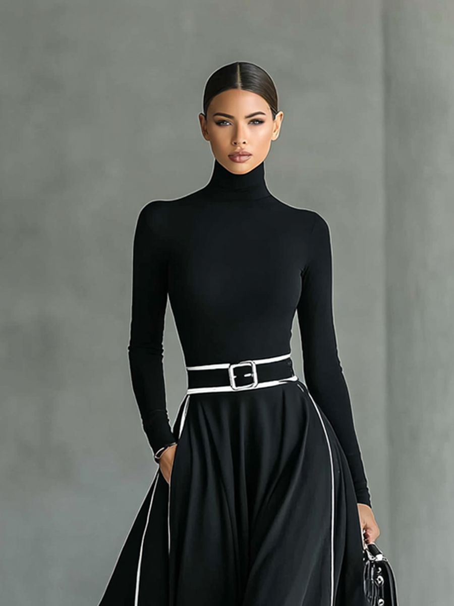 Robe maxi noire avec des coutures blanches, col haut, manches longues et taille cintrée