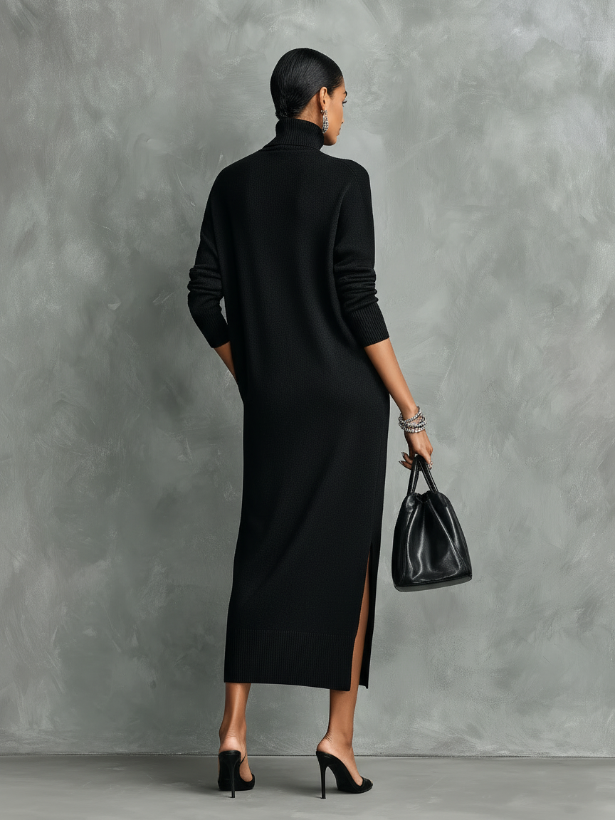 Robe midi noire élégante en maille avec col haut et manches longues, coupe douce, sans poches MDA1974L7AN