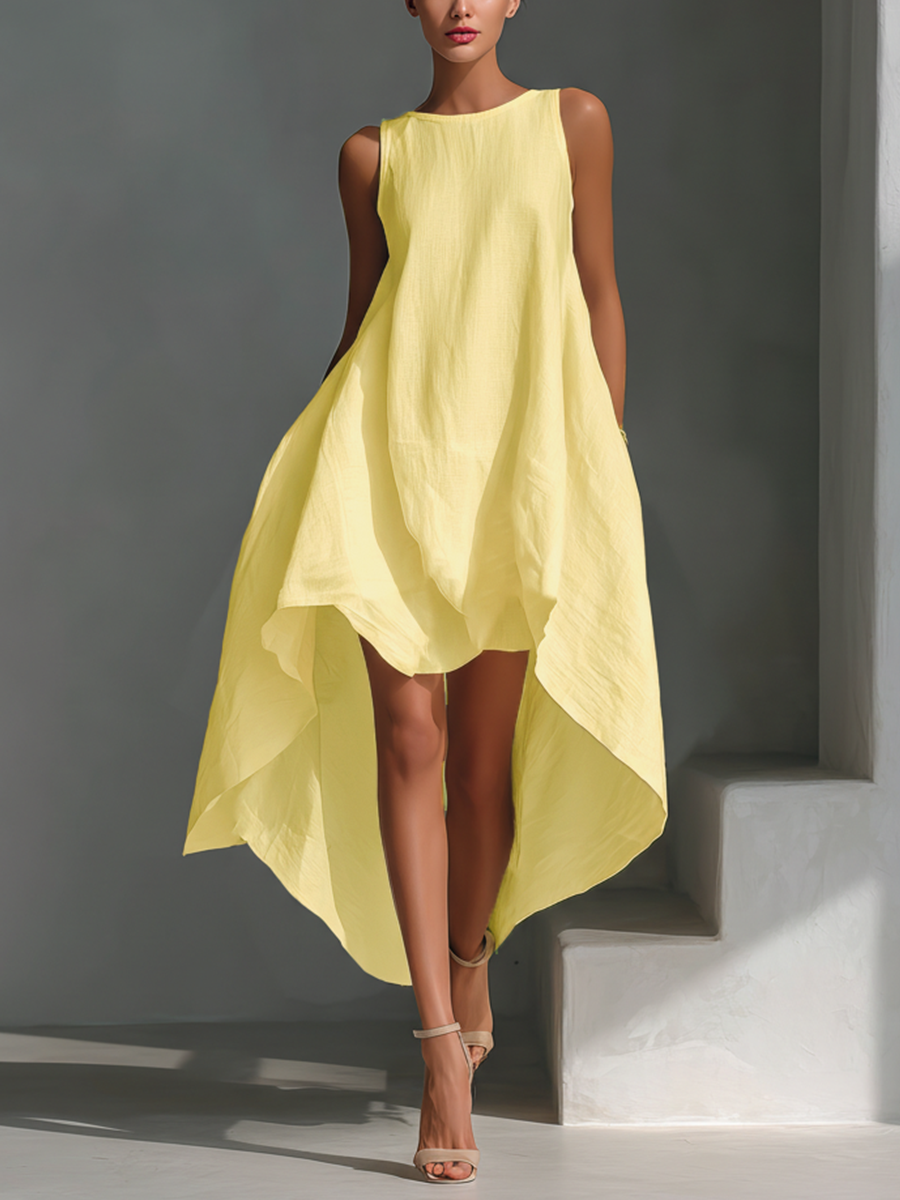 Robes midi pour femmes en lin blanc sans manches avec col rond et jupe asymétrique MDZ0987B9T