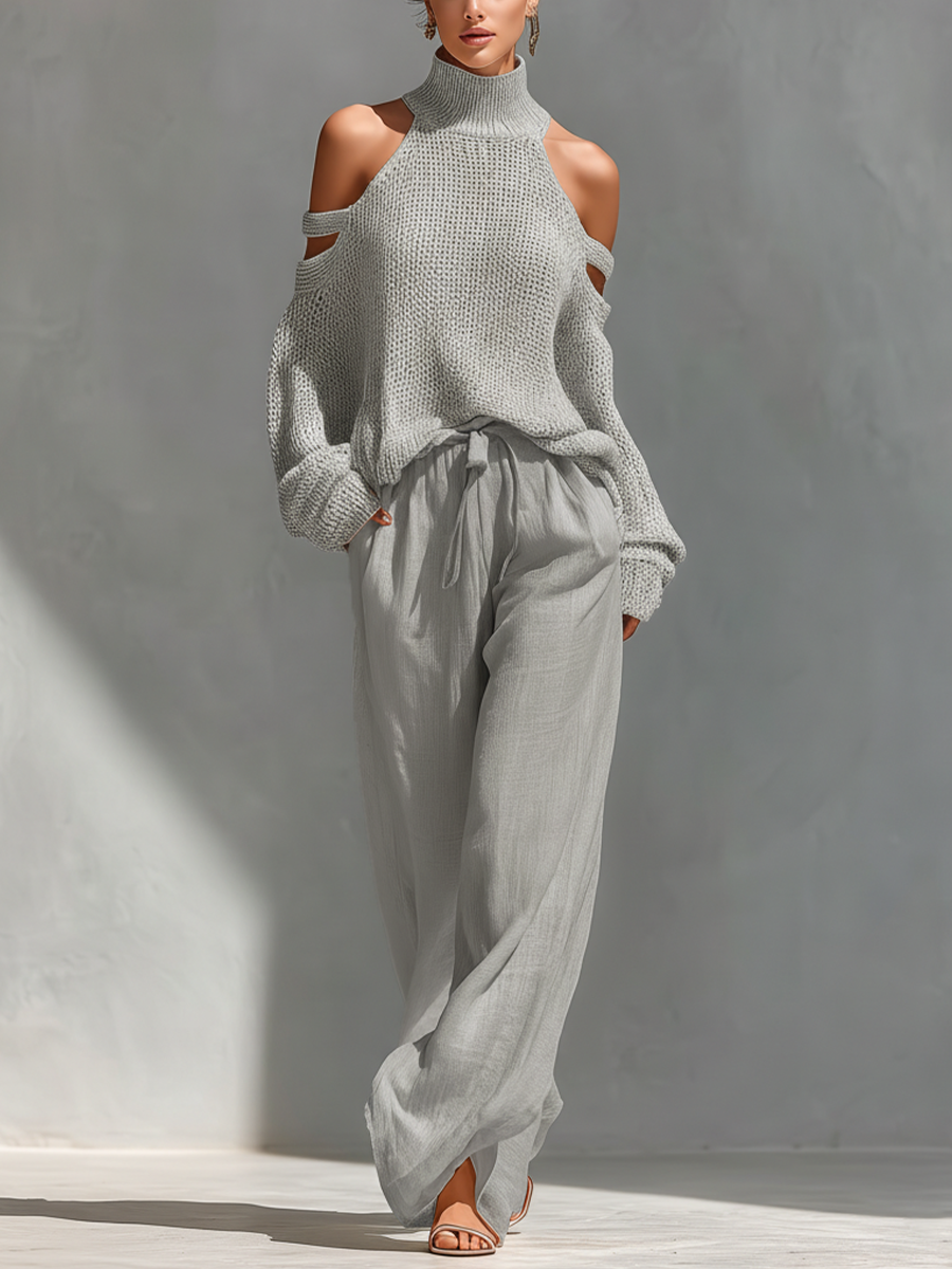 Ensemble top à col montant et bretelles froides en coton beige avec un pantalon large