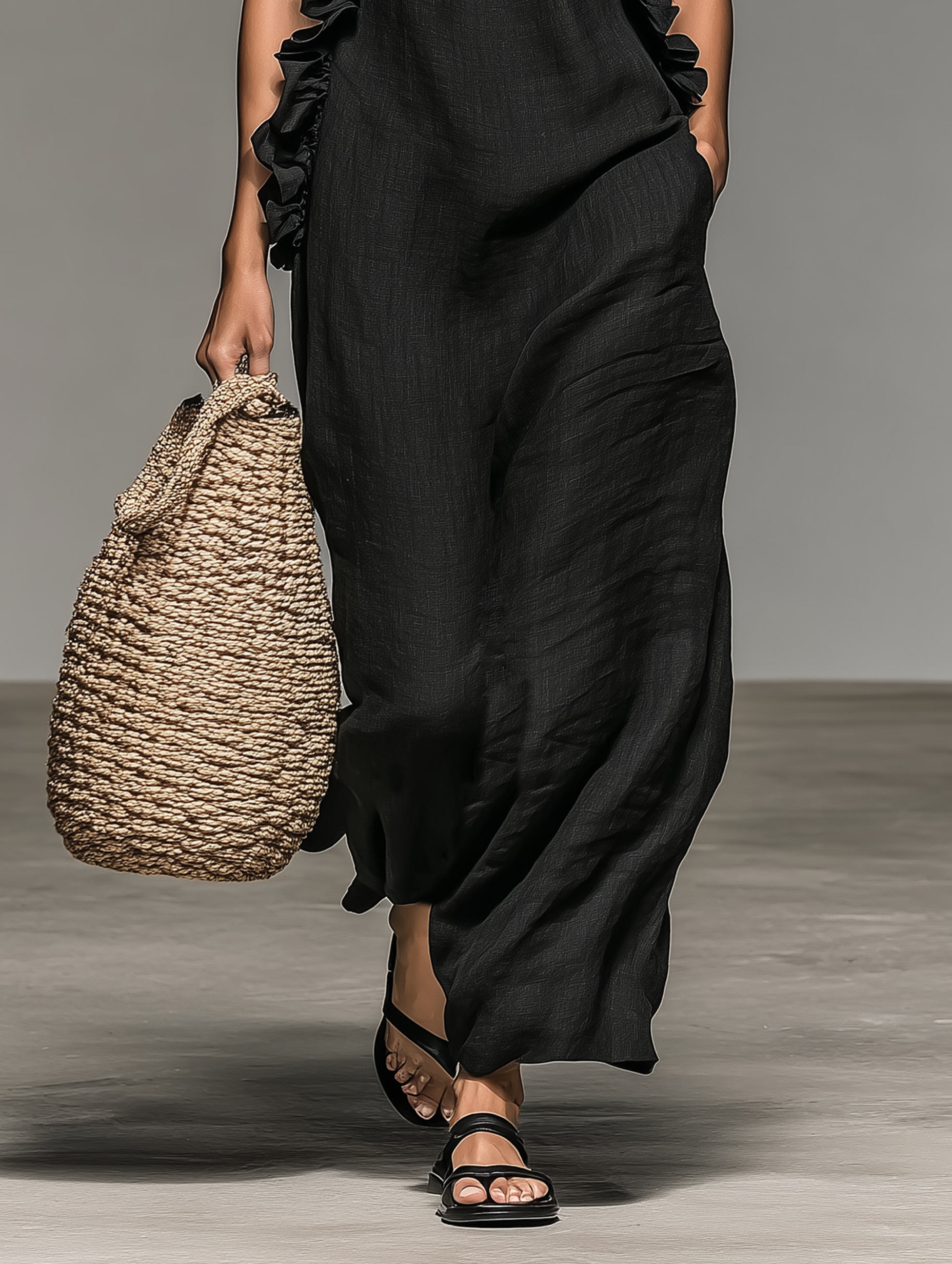 Robes maxi sans manches en lin minimaliste avec des détails en dentelle
